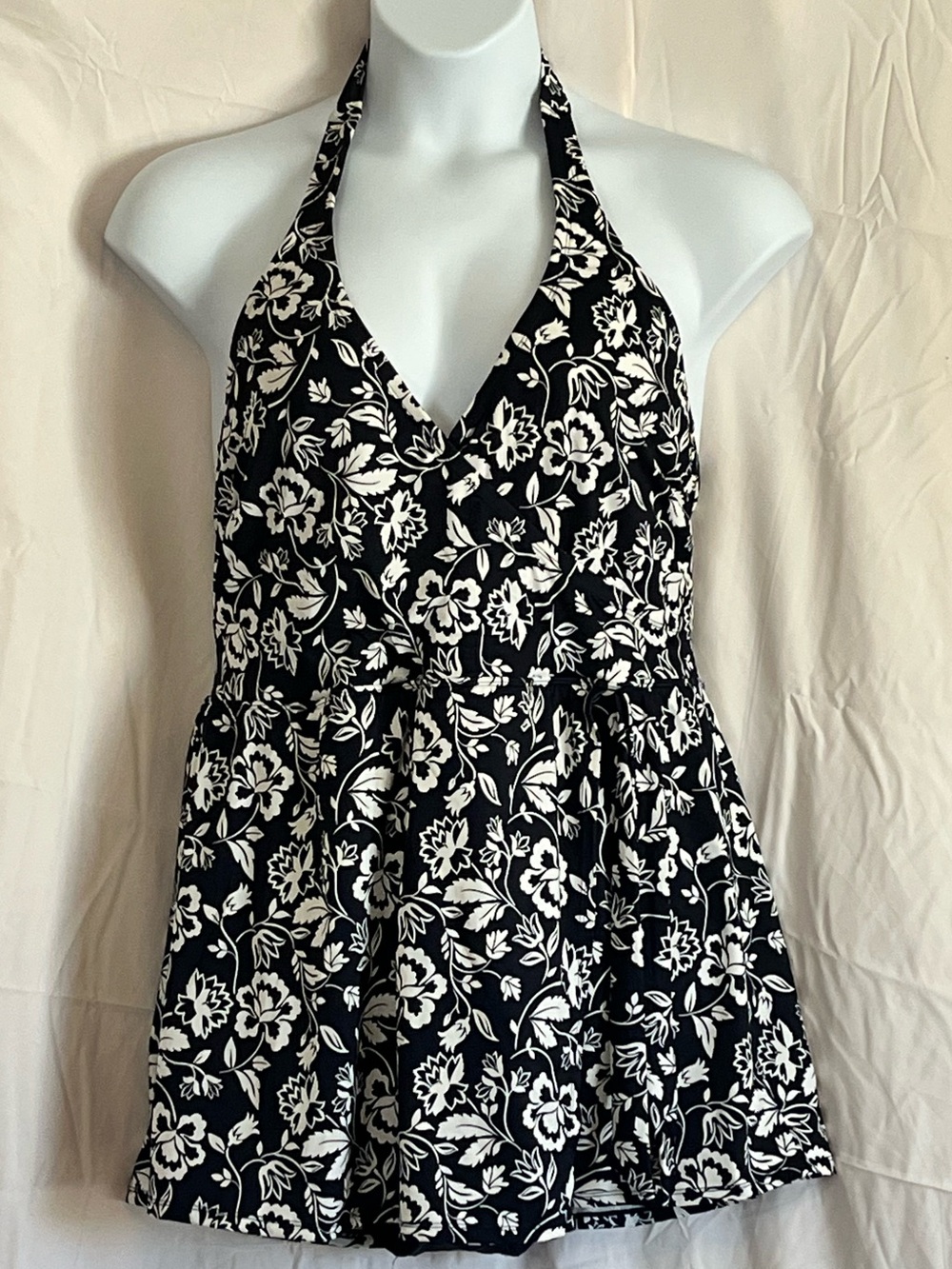 Draper James Black and White Floral Halter One-Piece Swimdress
